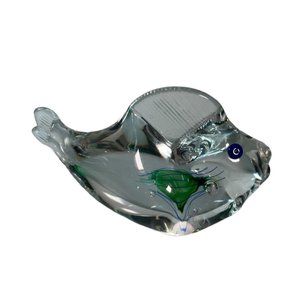 Schmidt Rhea Glass Small Fish Curved Tail Signed by Artist Glass Art Green 4”x3”